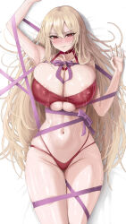 1girl angelica_rafa_redgrave anti_kumo bikini blonde_hair blush breasts covered_erect_nipples curvy highres huge_breasts long_hair looking_at_viewer lying navel on_back otome_gee_sekai_wa_mob_ni_kibishii_sekai_desu red_bikini red_eyes simple_background solo sweat swimsuit thighs white_background