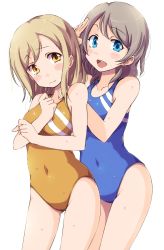Rule 34 | 10s, 2girls, 3:, blonde hair, blue eyes, blue one-piece swimsuit, blush, breasts, closed mouth, competition swimsuit, covered navel, cowboy shot, gluteal fold, grey hair, hand up, kunikida hanamaru, looking at another, looking at viewer, love live!, love live! school idol project, love live! sunshine!!, matching outfits, medium breasts, multiple girls, one-piece swimsuit, open mouth, salute, sen (sen0910), simple background, smile, swept bangs, swimsuit, teeth, watanabe you, wavy hair, wet, white background, yellow eyes, yellow one-piece swimsuit