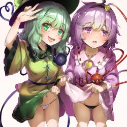 Rule 34 | 2girls, black panties, blouse, blush, clothes lift, collarbone, commentary, commentary request, dress, dress lift, embarrassed, frilled shirt collar, frills, gluteal fold, green eyes, green hair, green skirt, hair ornament, hat, heart, heart hair ornament, komeiji koishi, komeiji satori, lifted by self, looking at viewer, looking to the side, multiple girls, nail, navel, open mouth, panties, piyodesu, purple eyes, purple hair, ribbon-trimmed collar, ribbon trim, shirt, short hair, siblings, simple background, sisters, skirt, skirt lift, smile, third eye, touhou, transparent background, underwear, v, white panties, wide sleeves, yellow shirt