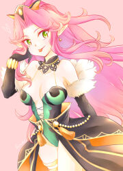 Rule 34 | 1girl, angela (seiken densetsu 3), artist request, bare shoulders, black gloves, breasts, cleavage, collarbone, earrings, female focus, fur-trimmed gloves, fur trim, gloves, gradient background, green eyes, highres, jewelry, large breasts, long hair, looking at viewer, official alternate costume, pointy ears, purple hair, seiken densetsu, seiken densetsu 3, sidelocks, simple background, smile, solo, square enix, standing, swept bangs, thighs, tongue, tongue out, very long hair