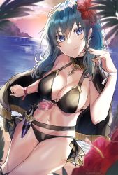 Rule 34 | 1girl, absurdres, artist name, backlighting, bare shoulders, bikini, black bikini, black cape, blue eyes, blue hair, breasts, byleth (female) (fire emblem), byleth (female) (summer) (fire emblem), byleth (fire emblem), cape, cleavage, closed mouth, collarbone, cowboy shot, dagger, evening, fire emblem, fire emblem: three houses, fire emblem heroes, flower, hand up, hibiscus, highres, jewelry, kanniiepan, knife, large breasts, long hair, looking at viewer, navel, necklace, nintendo, ocean, official alternate costume, outdoors, red flower, smile, solo, stomach, sunset, swimsuit, tassel, thighs, water, weapon, wristband