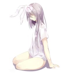 Rule 34 | 1girl, :o, animal ears, arms at sides, bare legs, blush, rabbit ears, from side, full body, gorilla (bun0615), head down, hidden eyes, lens flare, long hair, no pants, open mouth, profile, reisen udongein inaba, shirt, short sleeves, silver hair, simple background, sitting, solo, thighs, touhou, white background, white shirt, yokozuwari