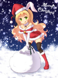 Rule 34 | &gt;:), 1girl, :q, animal ears, bag, bare shoulders, bell, black thighhighs, blonde hair, boots, breasts, christmas, cleavage, fake animal ears, green eyes, hat, highres, leaning forward, long hair, merry christmas, miruki, original, rabbit ears, sack, santa costume, santa hat, small breasts, smile, snow, snowflakes, snowing, solo, thighhighs, tongue, tongue out, v-shaped eyebrows, very long hair, zettai ryouiki