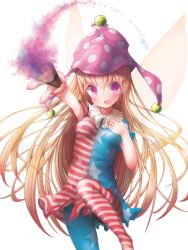 Rule 34 | 1girl, akisha, american flag dress, american flag legwear, blonde hair, breasts, clownpiece, dress, fairy wings, fire, hat, jester cap, long hair, looking at viewer, neck ruff, open mouth, pantyhose, pink eyes, polka dot, short dress, short sleeves, simple background, small breasts, smile, solo, star (symbol), star print, striped, torch, touhou, very long hair, white background, wings