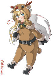 Rule 34 | 1girl, :&gt;, puff of air, abukuma (kancolle), anchor earrings, animal costume, bell, belt, black footwear, blonde hair, blue eyes, blush, capelet, cosplay, earrings, ebifurya, full body, highres, holding, holly, jewelry, kantai collection, legs apart, long hair, long sleeves, looking at viewer, mittens, reindeer costume, rudolph the red nosed reindeer, rudolph the red nosed reindeer (cosplay), sack, sidelocks, simple background, smile, solo, standing, twitter username, white background