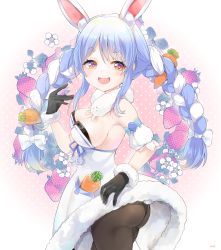 Rule 34 | 1girl, :d, animal ear fluff, animal ears, armpit peek, ass, aye, bare shoulders, black gloves, black pantyhose, blue hair, blue ribbon, bow, braid, breasts, carrot, carrot hair ornament, cleavage, cowboy shot, detached sleeves, don-chan (usada pekora), dress, floral background, flower, food, food-themed hair ornament, from side, fruit, fur trim, gloves, gradient background, hair bow, hair ornament, hair ribbon, hand up, highres, hololive, large breasts, light blush, looking at viewer, multicolored hair, open mouth, orange eyes, pantyhose, pink background, polka dot, polka dot background, pom pom (clothes), puffy short sleeves, puffy sleeves, purple pupils, rabbit-shaped pupils, rabbit ears, ribbon, short sleeves, sideboob, signature, simple background, smile, solo, standing, strawberry, symbol-shaped pupils, thick eyebrows, tress ribbon, twin braids, twintails, two-tone hair, usada pekora, usada pekora (1st costume), virtual youtuber, white bow, white dress, white flower, white hair