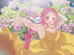 Rule 34 | 1girl, :d, awaji masaru, blush, commentary request, dress, eyelashes, flower, hair ribbon, hand in own hair, highres, long dress, looking at viewer, one piece, open mouth, pink hair, ponytail, rebecca (one piece), ribbon, sidelocks, smile, solo, sparkle, upper body, white ribbon, yellow dress