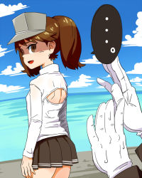 Rule 34 | ..., 10s, 1girl, admiral (kancolle), brown eyes, brown hair, empty eyes, gloves, kantai collection, long hair, meme attire, open-chest sweater, ryuujou (kancolle), shaded face, skirt, solo focus, spoken ellipsis, subaru (797529), sweat, sweater, turtleneck, twintails, visor cap, you&#039;re doing it wrong