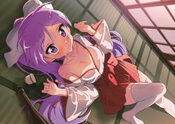 Rule 34 | 1girl, blush, bottle, bow, closed mouth, cup, drunk, hair bow, hakama, hakama skirt, hiiragi kagami, ichimi renge, japanese clothes, kimono, long hair, looking at viewer, lucky star, lying, miko, on back, purple eyes, purple hair, red hakama, revision, second-party source, skirt, solo, tatami, thighhighs, twintails, white bow, white kimono, white thighhighs, zettai ryouiki