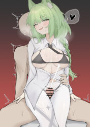 Rule 34 | 1boy, 1girl, absurdres, animal ears, arknights, bar censor, black bra, black panties, bra, braid, breasts, cat ears, cat girl, cat tail, censored, cum, dress shirt, dxao, ejaculation, erection, green eyes, green hair, harmonie (arknights), hetero, highres, large breasts, long hair, open clothes, open mouth, open shirt, panties, pantyhose, penis, projectile cum, red background, shirt, simple background, solo focus, tail, thigh sex, underwear, white pantyhose, white shirt