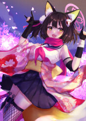 Rule 34 | 1girl, absurdres, animal ears, blue archive, brown hair, cherry blossoms, collared shirt, cowboy shot, double fox shadow puppet, floral print, fox ears, fox girl, fox hair ornament, fox shadow puppet, fox tail, full moon, gloves, halo, highres, holster, izuna (blue archive), japanese clothes, kunai, looking at viewer, moon, neckerchief, night, obi, off shoulder, open mouth, outdoors, partially fingerless gloves, pink neckerchief, pink scarf, pleated skirt, samgo, sash, scarf, shirt, short hair, single thighhigh, skirt, smile, solo, tail, thigh holster, thighhighs, visor cap, weapon, white shirt, wrist wrap, yellow eyes