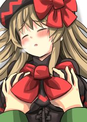 Rule 34 | 1girl, blonde hair, blush, bow, grabbing another&#039;s breast, breath, closed eyes, gaoo (frpjx283), grabbing, hair bow, hat, highres, lily black, lily white, touhou