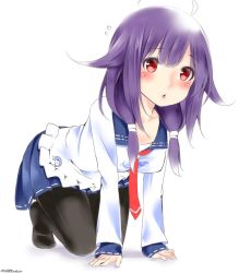 Rule 34 | 10s, 1girl, ahoge, all fours, black pantyhose, blush, breasts, hair flaps, hair ornament, kantai collection, long hair, looking at viewer, low twintails, magatama, medium breasts, open mouth, pantyhose, purple hair, red eyes, school uniform, serafuku, simple background, skirt, solo, taigei (kancolle), twintails, twitter username, yoshiki (bpmaxm)