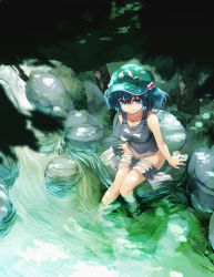 Rule 34 | 1girl, blue eyes, blue hair, bottomless, breasts, cleavage, collarbone, female focus, hair bobbles, hair ornament, hat, ibuki notsu, kawashiro nitori, large breasts, looking at viewer, matching hair/eyes, river, see-through, siblings, sitting, smile, soaking feet, solo, tank top, touhou, towel, twintails, two side up
