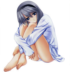 Rule 34 | 00s, 1girl, absurdres, barefoot, blue eyes, clannad, feet, full body, fumio (ura fmo), hairband, highres, hugging own legs, legs, long hair, long legs, long sleeves, no pants, panties, pantyshot, sakagami tomoyo, silver hair, simple background, sitting, smile, solo, toes, tomoyo after, underwear, white background