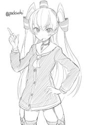 Rule 34 | 10s, 1girl, amatsukaze (kancolle), blush, collar, greyscale, hand on own hip, kantai collection, ken (koala), long hair, looking at viewer, monochrome, open mouth, original, pointing, simple background, solo, thighhighs, twintails, two side up, white background, zettai ryouiki
