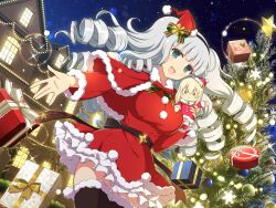 Rule 34 | box, breasts, christmas, christmas ornaments, christmas tree, doll, dress, drill hair, gift, gift box, ginrei (senran kagura), green eyes, grey hair, hairband, hat, holding, holding doll, house, large breasts, leo (senran kagura), long hair, night, night sky, non-web source, official art, open mouth, outstretched hand, santa dress, santa hat, senran kagura, senran kagura new link, sky, smile, star (symbol), thighhighs