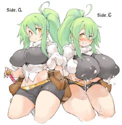 Rule 34 | 2girls, ahoge, blush, breasts, covered erect nipples, curvy, green hair, hair between eyes, huge areolae, huge breasts, huge nipples, lactation, lactation through clothes, large breasts, long hair, looking at viewer, midriff, multiple girls, multiple persona, original, ponytail, puffy areolae, puffy nipples, sachito, short shorts, shorts, sidelocks, sumi-chan (sachito), thick thighs, thighs, wide hips, yellow eyes