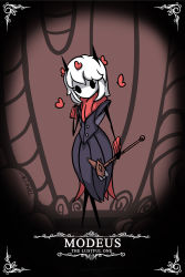 Rule 34 | 1girl, absurdres, arm at side, arthropod girl, artist name, axe, black dress, black eyes, black horns, character name, commentary, dress, facing viewer, full body, hand up, heart, helltaker, highres, holding, holding axe, holding weapon, hollow knight, horns, looking at viewer, medium hair, modeus (helltaker), monster girl, signature, solo, standing, taphris, weapon, wrist cuffs