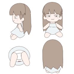 Rule 34 | 1girl, :3, absurdres, barefoot, black eyes, blunt bangs, blush stickers, bow, bow panties, brown hair, character doll, child gf (orenji), closed mouth, commentary, dress, english commentary, highres, long hair, looking at viewer, multiple views, no humans, orenji (wholesomeorenji), original, panties, raised eyebrow, simple background, sleeveless, sleeveless dress, smug, solo, underwear, white background, white dress, white panties