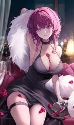 Rule 34 | 1girl, alcohol, alternate costume, bare shoulders, black dress, breasts, cityscape, cleavage, cup, dress, drinking glass, feather boa, hair intakes, halter dress, halterneck, hashtag-only commentary, highres, holding, holding cup, honkai: star rail, honkai (series), kafka (honkai: star rail), large breasts, long hair, looking at viewer, purple eyes, purple hair, sidelocks, sitting, smile, solo, thigh strap, window, wine, wine glass, yam s2