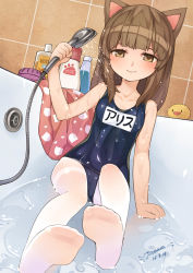 Rule 34 | 1girl, absurdres, animal ears, artist name, bathtub, blush, brown eyes, brown hair, cat ears, child, dated, feet, foot focus, highres, long hair, name tag, no shoes, old school swimsuit, one-piece swimsuit, original, pantyhose, pantyhose under swimsuit, school swimsuit, shower head, signature, smile, soles, solo, swimsuit, thighband pantyhose, tile wall, tiles, tsubasa tsubasa, water, wet, white pantyhose