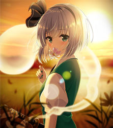 Rule 34 | 1girl, black hairband, blurry, blurry background, day, flower, from side, green eyes, green nails, hairband, holding, holding flower, konpaku youmu, konpaku youmu (ghost), lens flare, looking at viewer, nail polish, outdoors, shirt, short hair, short sleeves, silver hair, solo, sun, sword, touhou, upper body, weapon, white shirt, yuuka nonoko