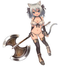 Rule 34 | 1girl, :d, animal ears, axe, bad id, bad pixiv id, bare shoulders, battle axe, black thighhighs, blue eyes, blush, breasts, cat ears, cat tail, cleavage, collarbone, groin, hair ribbon, highres, holding, miyamae porin, navel, open mouth, original, panties, ribbon, side-tie panties, signature, silver hair, smile, solo, tail, thighhighs, twintails, underwear, weapon, white background