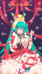 Rule 34 | 1girl, absurdres, bracelet, christmas, fiodo, green eyes, green hair, hatsune miku, highres, jewelry, long hair, merry christmas, ribbon, sitting, skirt, smile, snowflakes, twintails, very long hair, vocaloid