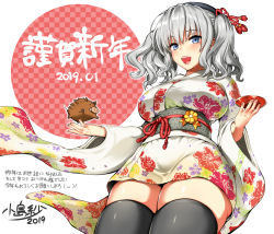Rule 34 | 1girl, 2019, alternate costume, beret, black thighhighs, blush, breasts, chinese zodiac, commentary request, cup, floral print, grey eyes, hair between eyes, hair ornament, hat, holding, japanese clothes, kantai collection, kashima (kancolle), kimono, kojima saya, large breasts, long hair, long sleeves, looking at viewer, new year, open mouth, sakazuki, sidelocks, silver hair, smile, solo, standing, thighhighs, twintails, wavy hair, year of the pig