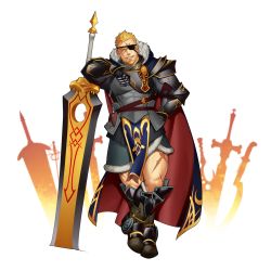 Rule 34 | 1boy, armor, bara, beard, blonde hair, boots, breastplate, cape, eyepatch, facial hair, full body, gyee, highres, itto (mentaiko), leaning on weapon, crossed legs, looking at viewer, male focus, manly, marcus (gyee), muscular, official art, one eye covered, oversized object, scar, scar on face, shorts, smile, solo, standing, thighs, weapon, yellow eyes