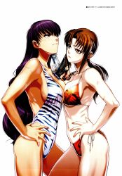 Rule 34 | 2girls, absurdres, agua-verde, armpits, bikini, black lagoon, bra, breast press, breasts, brown eyes, brown hair, cleavage, closed mouth, cowboy shot, dark-skinned female, dark skin, eye contact, face-to-face, female focus, from side, gradient hair, groin, gun, half-closed eyes, handgun, hands on own hips, highres, hiroe rei, holding, holding gun, holding weapon, index finger raised, large breasts, legs, looking at another, low ponytail, matching hair/eyes, multicolored hair, multiple girls, nail polish, navel, official art, one-piece swimsuit, pale skin, panties, pistol, ponytail, purple eyes, purple hair, red eyes, red nails, revy (black lagoon), roberta (black lagoon), scar, serious, shoulder tattoo, side slit, sideboob, simple background, standing, string bikini, swimsuit, symmetrical docking, tan, tattoo, thighs, underwear, weapon, white background