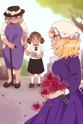 Rule 34 | 3girls, age difference, aged down, aged up, bad id, bad pixiv id, black skirt, blonde hair, bow, brown eyes, brown hair, cane, child, day, dress, duplicate, flower, glasses, graveyard, hair bow, hat, hat bow, highres, holding, holding cane, holding flower, holding hands, loafers, long hair, long sleeves, low twintails, maribel hearn, mob cap, multiple girls, necktie, nekolina, old, old woman, open mouth, outdoors, park, pixel-perfect duplicate, purple dress, purple eyes, red-framed eyewear, ribbon, shirt, shoes, short hair, short sleeves, short twintails, silver hair, skirt, smile, spider lily, tombstone, touhou, tree, twintails, usami renko, usami sumireko, white shirt