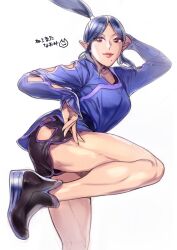 Rule 34 | 1girl, allegra (ring fit adventure), blue hair, highres, muscular legs, nekomata naomi, nintendo, pointy ears, ring fit adventure, shoes, shorts, sleeves past wrists, smile, sneakers, standing, standing on one leg, thick thighs, thighs, toned, toned female