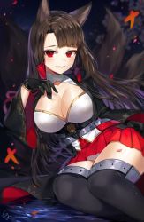 Rule 34 | 1girl, akagi (azur lane), animal ears, azur lane, black gloves, black hair, black thighhighs, blush, breasts, cleavage, cleavage cutout, clothing cutout, commentary request, fox ears, fox tail, gijang, gloves, japanese clothes, large breasts, long hair, long sleeves, looking at viewer, multiple tails, parted lips, petals, pleated skirt, red eyes, red skirt, signature, sitting, skirt, smile, solo, swept bangs, tail, thighhighs, wide sleeves, yokozuwari