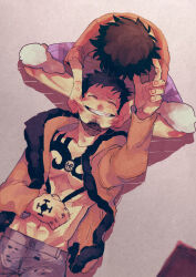 Rule 34 | 2boys, ^ ^, black hair, cheek pinching, chest tattoo, closed eyes, denim, denim shorts, facial hair, from above, fur-trimmed jacket, fur trim, grin, highres, jacket, jeans, lap pillow, long sleeves, lying, male focus, monkey d. luffy, multiple boys, official alternate costume, on back, one piece, one piece: stampede, open clothes, open jacket, pants, pinching, purana7878, reaching, short hair, shorts, simple background, sitting, smile, tattoo, trafalgar law, yaoi