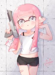 Rule 34 | 1girl, :o, artist name, bandaged arm, bandages, bandaid, bandaid on arm, bandaid on ear, bandaid on leg, black shorts, blunt bangs, blunt ends, bra strap, cherry print, commentary, dolphin shorts, earclip, food print, grey eyes, highres, holding, holding weapon, inkling, inkling girl, inkling player character, long hair, looking at viewer, mask, midriff, n-zap (splatoon), navel, nintendo, off-shoulder shirt, off shoulder, parted lips, pink hair, pioxpioo, pointy ears, print shirt, see-through, shirt, short shorts, short sleeves, shorts, signature, solo, standing, symbol-only commentary, tentacle hair, weapon, white shirt