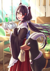 Rule 34 | 1girl, :d, absurdres, animal ears, apron, bag, black hair, black kimono, brown eyes, chair, closed mouth, coffee, couch, creatures (company), crossover, cup, day, dog ears, dog hair ornament, frilled hat, frills, game freak, gen 2 pokemon, hair between eyes, hair ornament, hakama, hakama skirt, hat, heterochromia, highres, holding, holding tray, houndoom, indoors, inui toko, inui toko (1st costume), japanese clothes, kimono, long hair, long sleeves, low twintails, maid, mono land, mouth hold, nijisanji, nintendo, open mouth, paper bag, pokemon, pokemon (creature), red eyes, red hakama, saucer, signature, skirt, smile, table, tray, twintails, very long hair, virtual youtuber, wa maid, white apron, wide sleeves, window, wooden floor