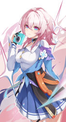 Rule 34 | 1girl, absurdres, black choker, black corset, black gloves, blue eyes, blue jacket, blue skirt, breasts, buttons, camera, chinese commentary, choker, closed mouth, corset, cowboy shot, flower ornament, gloves, hair between eyes, hand up, highres, holding, holding camera, honkai: star rail, honkai (series), jacket, long sleeves, looking at viewer, march 7th (honkai: star rail), medium breasts, medium hair, miniskirt, ooo wange, partially fingerless gloves, pink eyes, pink hair, pleated skirt, shirt, signature, skirt, smile, solo, thigh strap, tied jacket, two-tone eyes, underbust, white shirt