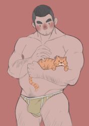 Rule 34 | 1boy, akiyama (aki11018655), animal, arm hair, bara, beard stubble, belly, blush, briefs, bulge, buzz cut, cat, facial hair, fat, fat man, feet out of frame, groin, hands up, highres, holding, holding animal, holding cat, leg hair, looking at animal, looking down, male focus, male pubic hair, male underwear, mature male, muscular, muscular male, navel, nipples, nose blush, orange background, orange cat, original, pectorals, pubic hair, pubic hair peek, short hair, sideburns, solid oval eyes, solo, sparse navel hair, standing, stomach, stubble, thick eyebrows, thick thighs, thighs, topless male, undercut, underwear, very short hair, yellow male underwear