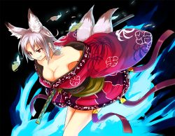Rule 34 | 1girl, animal ears, bare shoulders, breasts, cleavage, collarbone, fox ears, fox tail, grin, katana, large breasts, leaf, multiple tails, nosuku, off shoulder, original, red eyes, sheath, sheathed, silver hair, smile, solo, sword, tail, weapon
