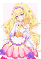 Rule 34 | 1girl, a20 (atsumaru), absurdres, apron, blonde hair, blue eyes, blush, bridal gauntlets, brooch, commentary, cure finale, delicious party precure, hair ornament, heart, heart brooch, high ponytail, highres, jewelry, kasai amane, long hair, magical girl, precure, sidelocks, smile, solo, star (symbol), star hair ornament, tiara, white background, wide ponytail