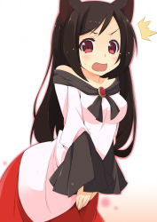 Rule 34 | 1girl, animal ears, bare shoulders, blush, breasts, brooch, brown hair, fang, imaizumi kagerou, jewelry, long hair, long sleeves, open mouth, red eyes, sasakura, sleeves past wrists, solo, touhou, v arms, wide sleeves, wolf ears