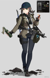 Rule 34 | 1girl, absurdres, bag, baseball cap, black footwear, black hat, black pants, bottle, brown hair, brown jacket, brown scarf, closed mouth, colt commando, commentary request, fire, fringe trim, full body, green eyes, grey background, gun, handgun, hat, highres, holding, holding bottle, holster, holstered, jacket, lighter, low ponytail, molotov cocktail, ndtwofives, open clothes, open jacket, pants, ponytail, project zomboid, scarf, shadow, shirt, shoes, simple background, standing, striped clothes, striped shirt, thigh holster, weapon, white shirt