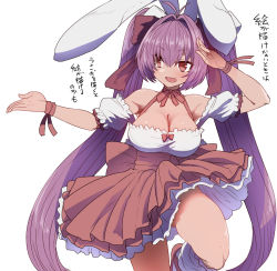 Rule 34 | 1girl, animal ears, blush, bow, breasts, choker, cleavage, di gi charat, dice, dress, eyelashes, frilled dress, frilled legwear, frills, hair ornament, highres, large breasts, leg up, long hair, open mouth, pink footwear, pink hair, rabbit ears, red eyes, ribbon, simple background, solo, standing, sumiyao (amam), translation request, twintails, usada hikaru, white background, white legwear