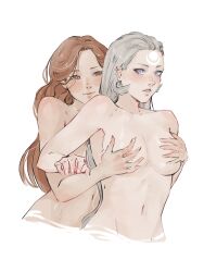 Rule 34 | 2girls, body freckles, breasts, brown hair, closed mouth, cropped torso, diana (league of legends), facial mark, forehead mark, freckles, grabbing, grabbing another&#039;s breast, grey hair, highres, league of legends, leona (league of legends), long hair, medium breasts, melonsoftdrink, multiple girls, navel, nipples, nude, parted lips, purple eyes, smile, upper body, yuri