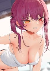 Rule 34 | 1girl, ass, bent over, black panties, blush, breasts, butt crack, cleavage, crop top, downblouse, downpants, grin, heterochromia, highres, hololive, houshou marine, itohana, long hair, looking at viewer, medium breasts, navel, panties, red eyes, red hair, shirt, smile, solo, steam, strap slip, sweat, twintails, underwear, underwear only, virtual youtuber, white shirt, yellow eyes