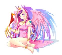 Rule 34 | 1girl, anklet, bare legs, bare shoulders, barefoot, bird, bracelet, dress, feathered wings, full body, heart, horns, jewelry, long hair, multicolored hair, my little pony, my little pony: friendship is magic, personification, philomena, phoenix, pink dress, cadance (my little pony), purple eyes, rurutia8, shadow, single horn, sitting, tattoo, tiara, white background, wings