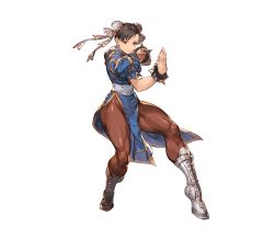 Rule 34 | 10s, 1girl, black hair, blue dress, boots, bracelet, brown eyes, brown pantyhose, bun cover, capcom, china dress, chinese clothes, chun-li, cross-laced footwear, detached sleeves, double bun, dress, earrings, fighting stance, full body, granblue fantasy, hair bun, jewelry, knee boots, lace-up boots, minaba hideo, official art, pantyhose, pelvic curtain, puffy short sleeves, puffy sleeves, sash, short hair, short sleeves, side slit, solo, spiked bracelet, spikes, street fighter, transparent background, white footwear