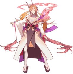 Rule 34 | 1girl, ark order, bare shoulders, breasts, brown footwear, claws, closed mouth, detached sleeves, fire, full body, hair intakes, horns, ibaraki douji (ark order), japanese clothes, kimono, large breasts, long hair, long sleeves, looking at viewer, official art, okobo, orange hair, orange sash, ponytail, purple fire, red cucumber, red eyes, rock, sandals, sarashi, sash, sidelocks, smile, solo, sparkle, tabi, tachi-e, tassel, thighhighs, transparent background, very long hair, white kimono, white thighhighs, wide sleeves